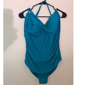 Aliana Swim Turquoise Shirred Bandeau Slimming Tummy Halter One Piece Swimsuit